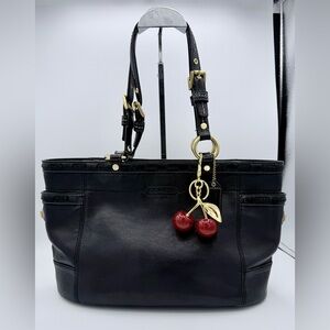 Coach Black Leather Tote with Red Cherry Charm